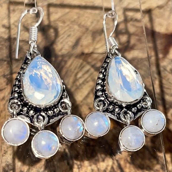 Rainbow Moonstone & Synthetic Opalite Earrings 1 1/2” - Picture 1 of 12
